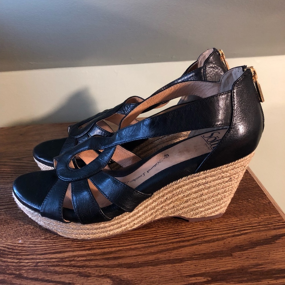 Black leather wedges